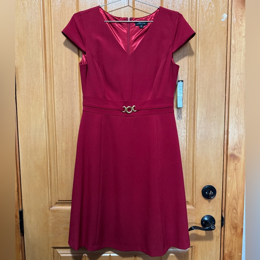 Tahari Red A-Line Midi Dress with Flutter Cap Sleeves Pit to pit 20, Length 40”